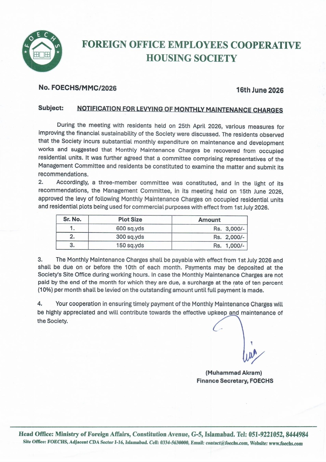 Notification For Levying of Monthly Maintenance Charges